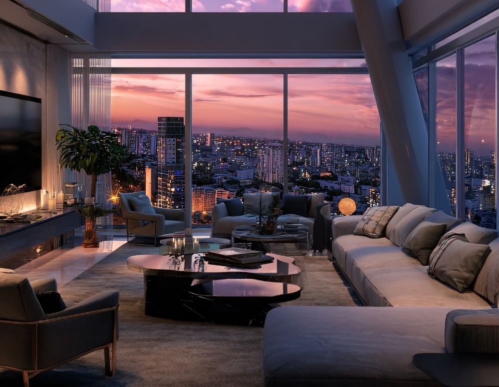 Luxury Dubai penthouse living room with panoramic city skyline views at sunset