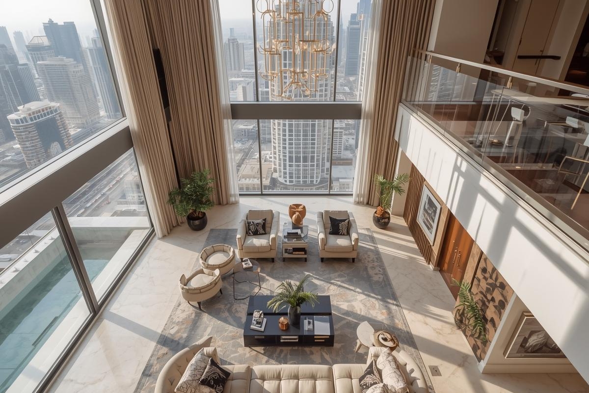 Luxury Dubai apartment interior with high ceilings, modern design, and panoramic city skyline views